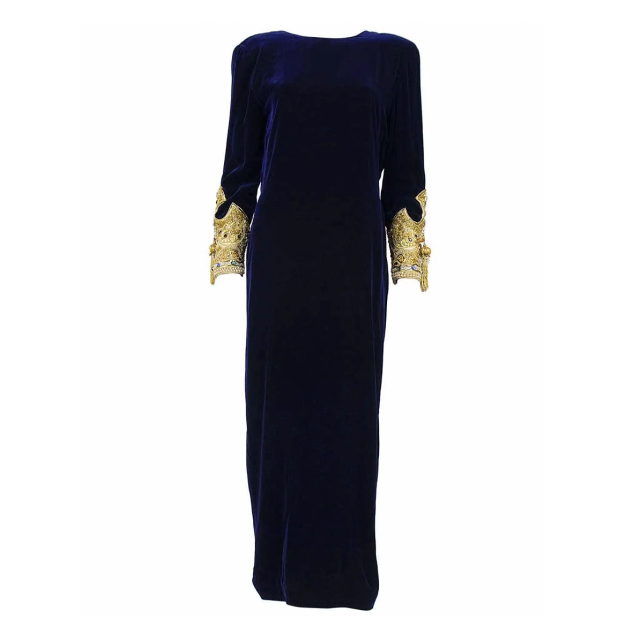 OSCAR DE LA RENTA 1990s Blue Velvet Gown, Embellished Sleeves
