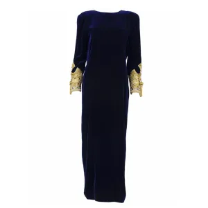 OSCAR DE LA RENTA 1990s Blue Velvet Gown, Embellished Sleeves