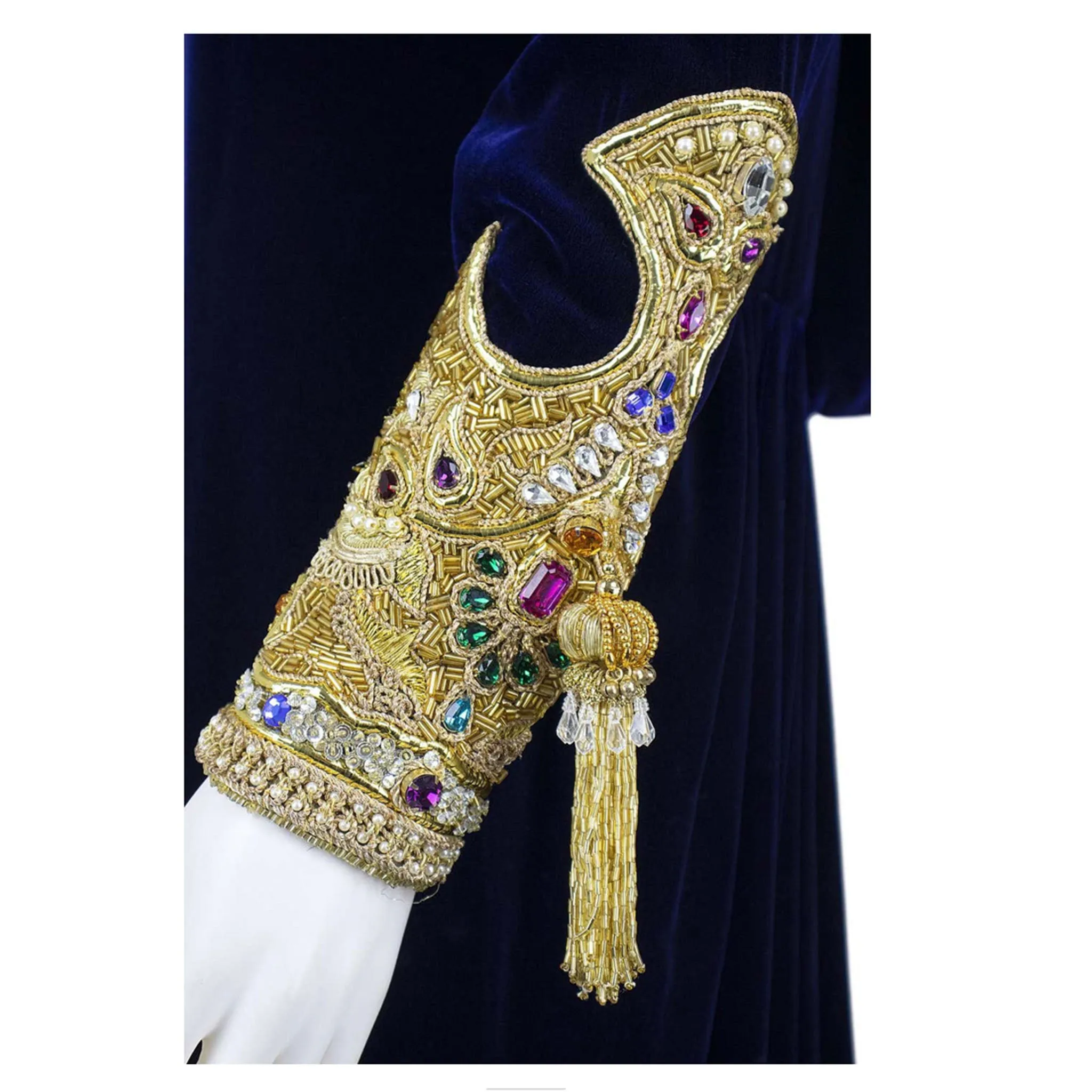 OSCAR DE LA RENTA 1990s Blue Velvet Gown, Embellished Sleeves
