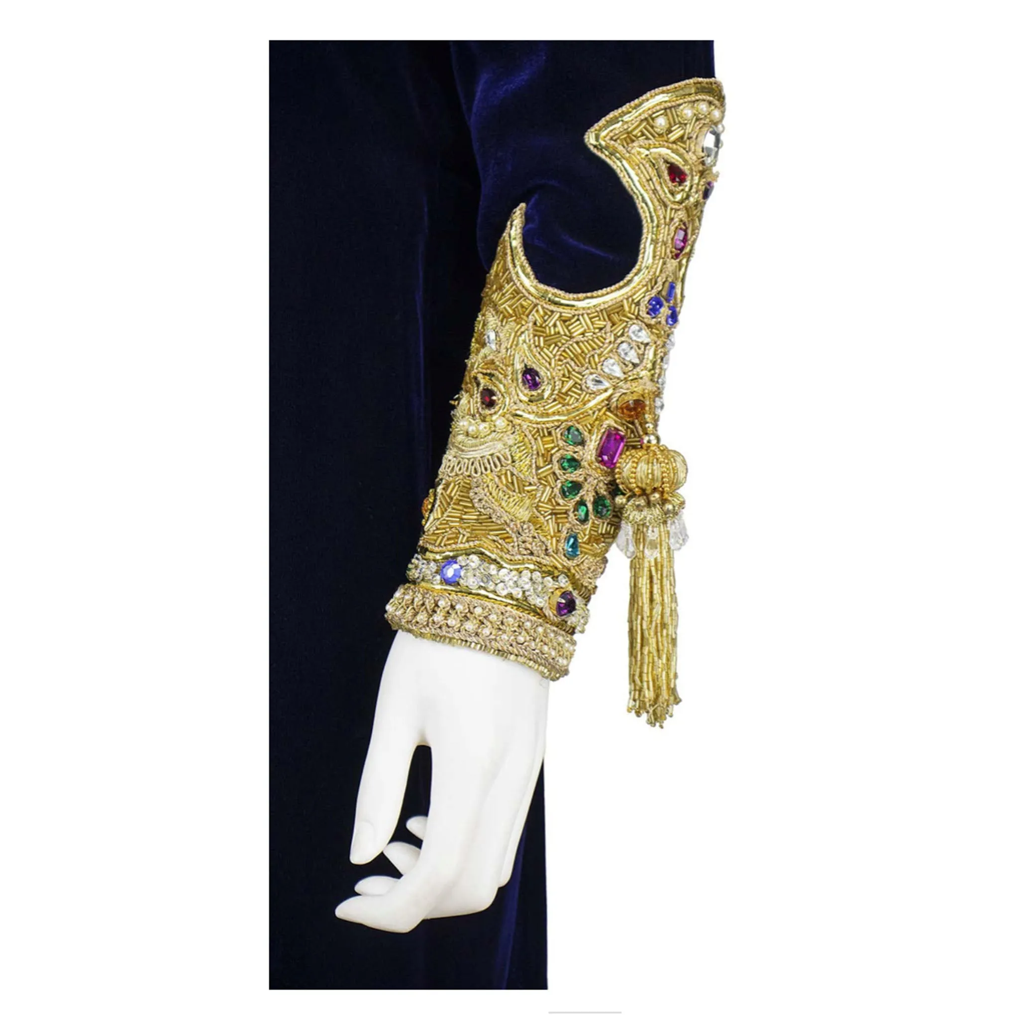 OSCAR DE LA RENTA 1990s Blue Velvet Gown, Embellished Sleeves