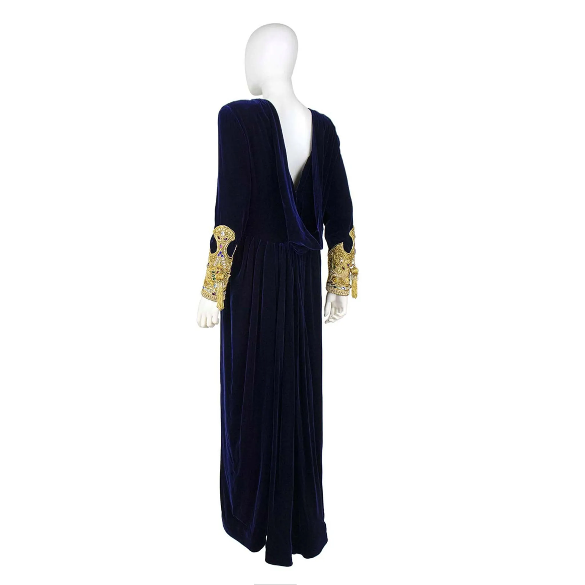 OSCAR DE LA RENTA 1990s Blue Velvet Gown, Embellished Sleeves