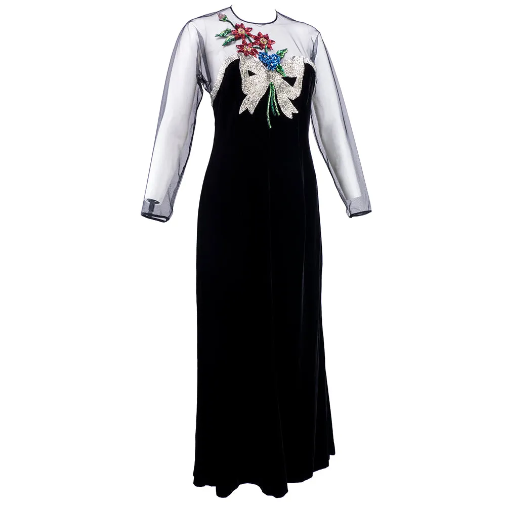 Oscar De La Renta Late 70's Beaded Illusion Bodice Velvet Gown