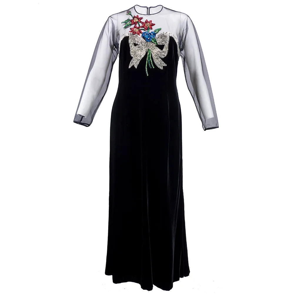 Oscar De La Renta Late 70's Beaded Illusion Bodice Velvet Gown