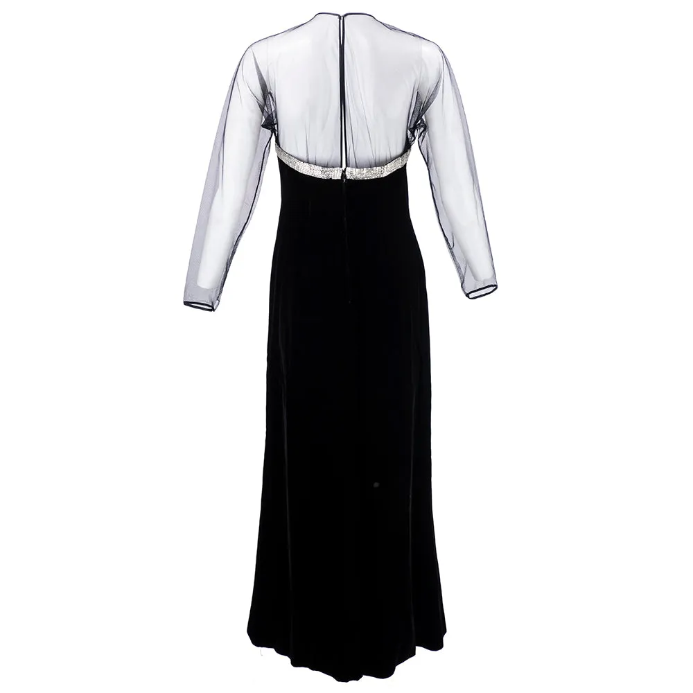 Oscar De La Renta Late 70's Beaded Illusion Bodice Velvet Gown