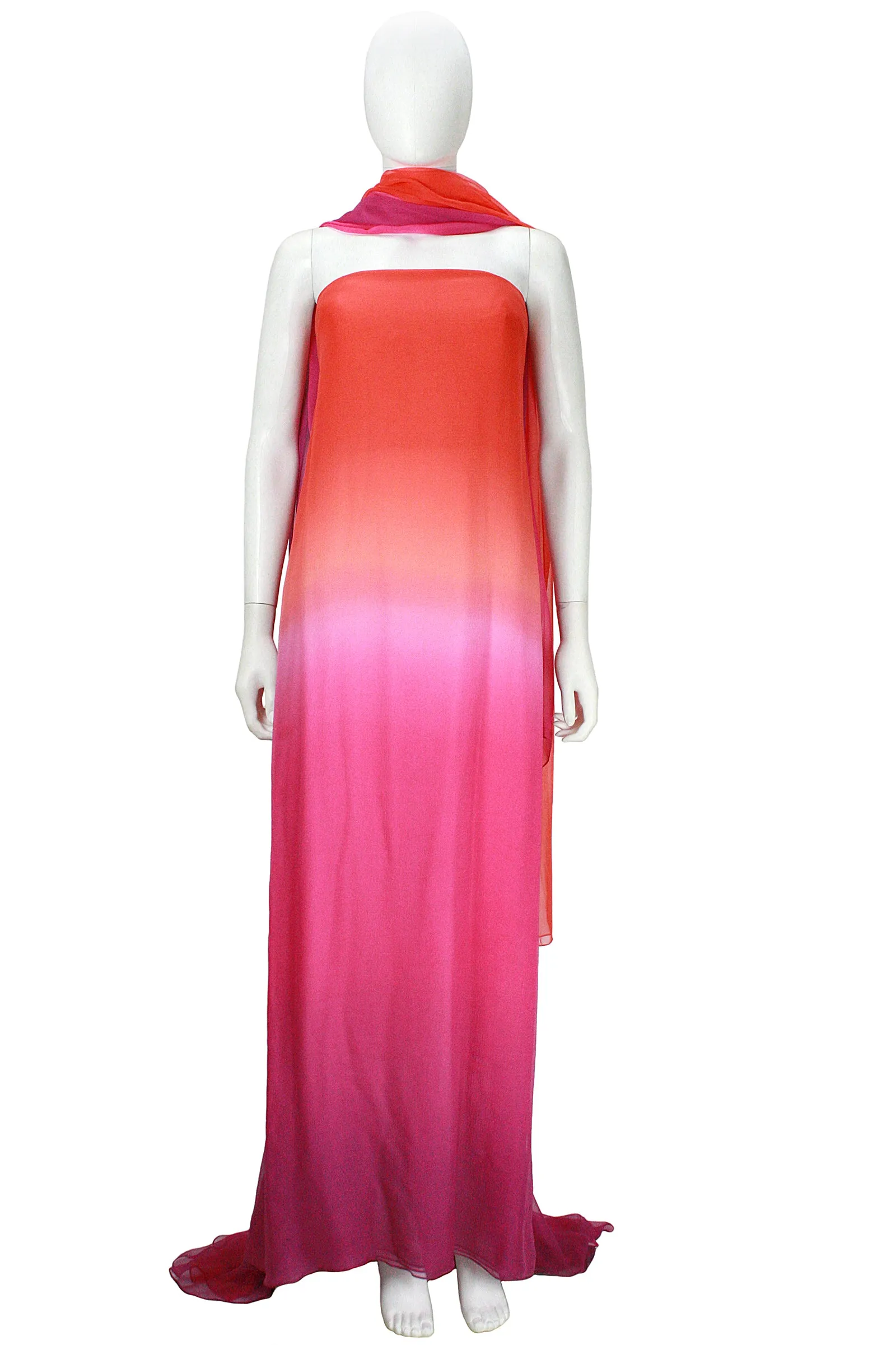 OSCAR DE LA RENTA Orange Raspberry Ombre Chiffon Gown