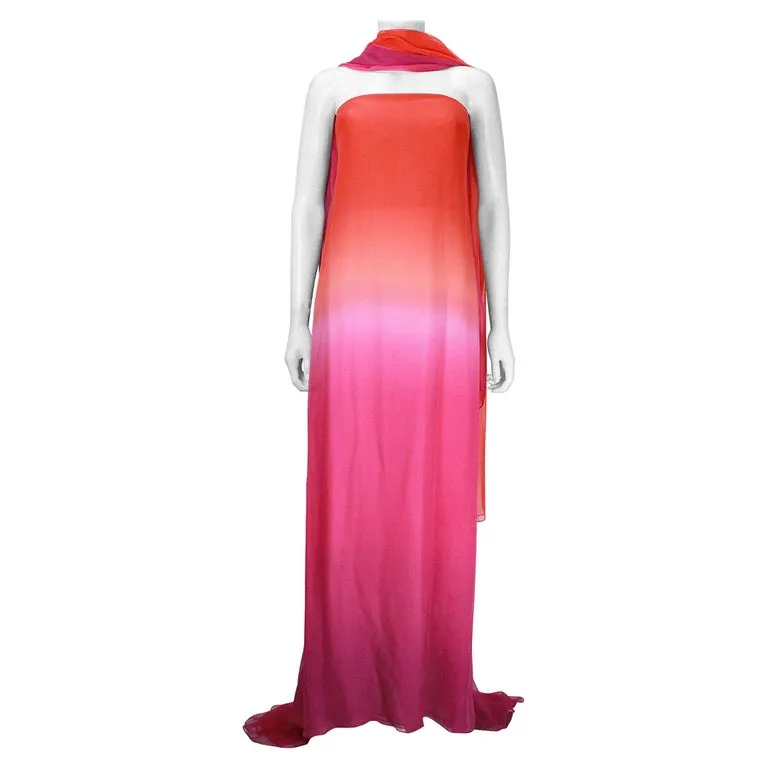 OSCAR DE LA RENTA Orange Raspberry Ombre Chiffon Gown