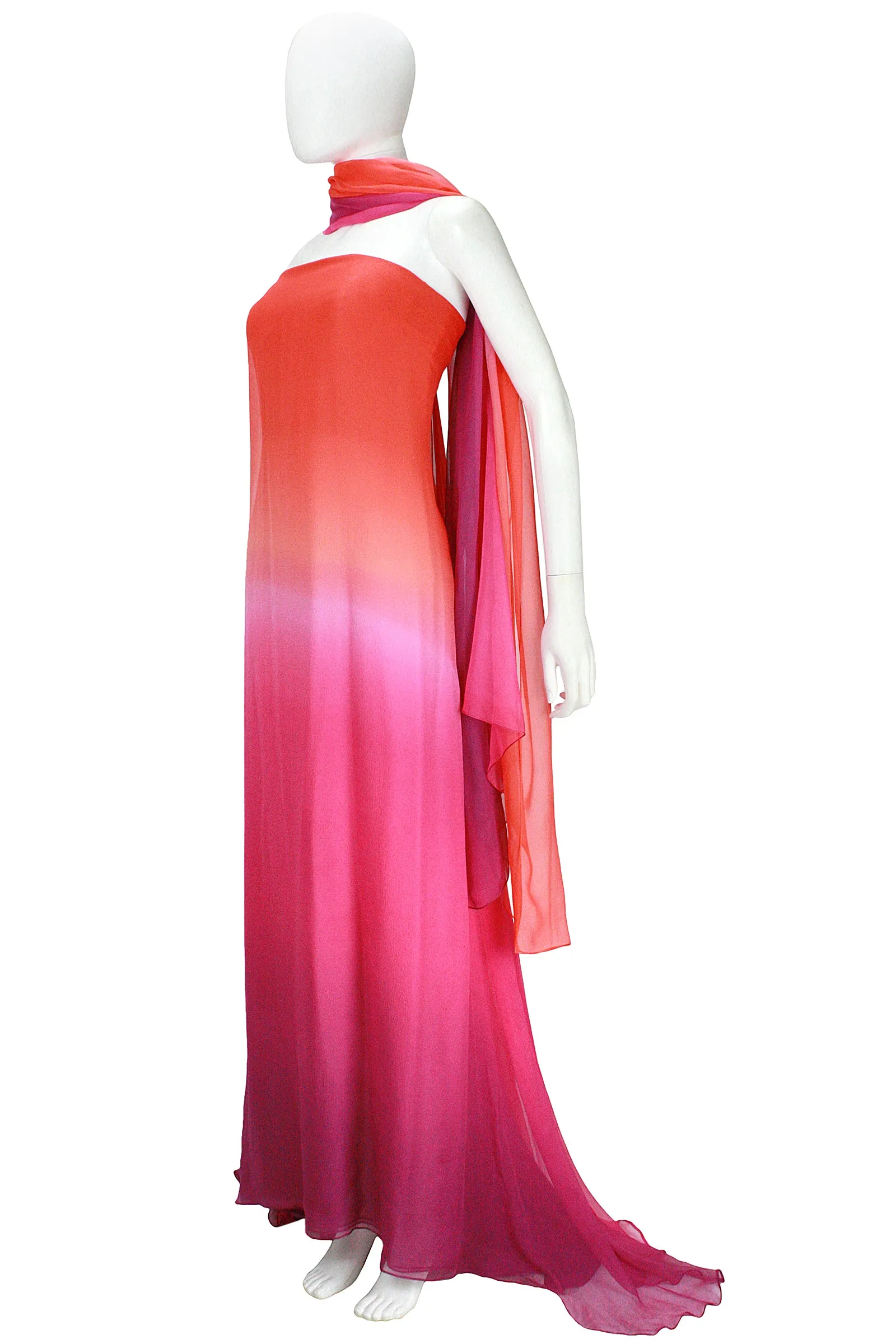 OSCAR DE LA RENTA Orange Raspberry Ombre Chiffon Gown