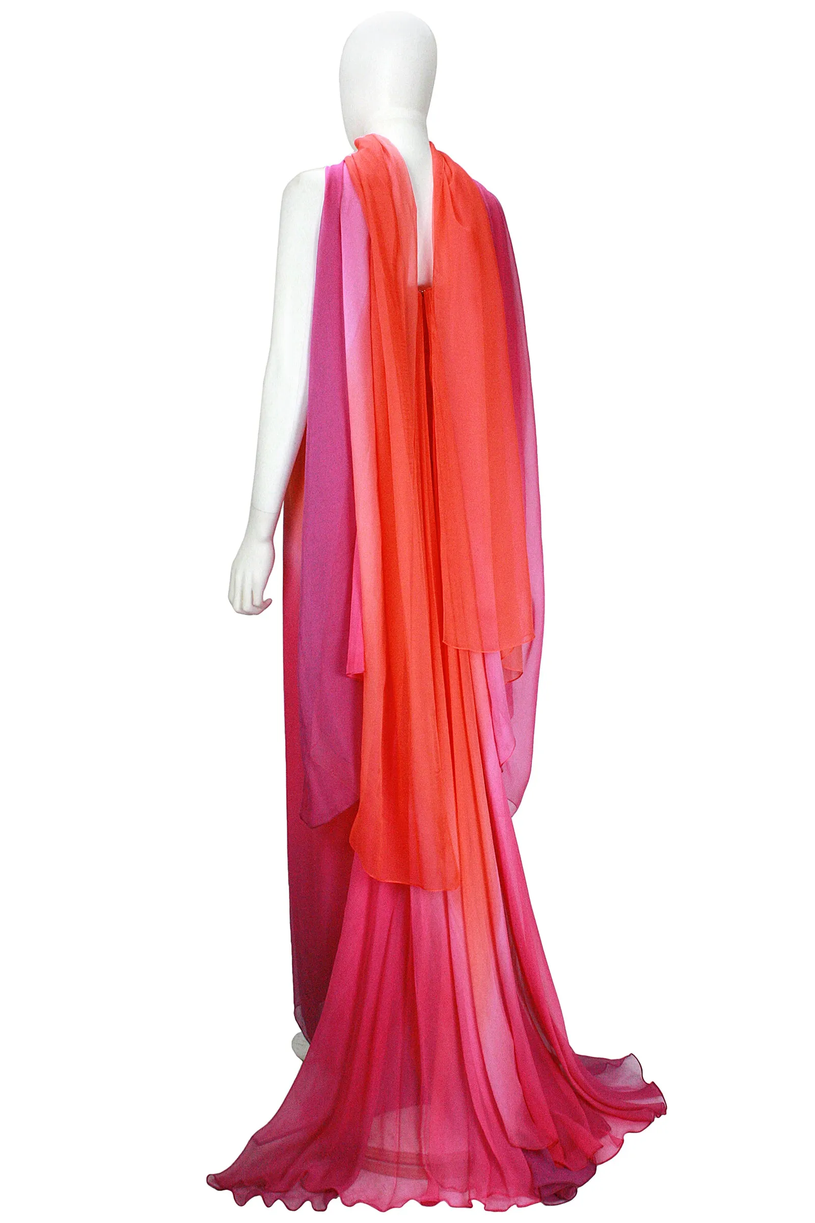 OSCAR DE LA RENTA Orange Raspberry Ombre Chiffon Gown