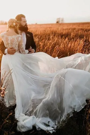 Outdoor Wedding Dress Illusion Lace Chiffon Skirt