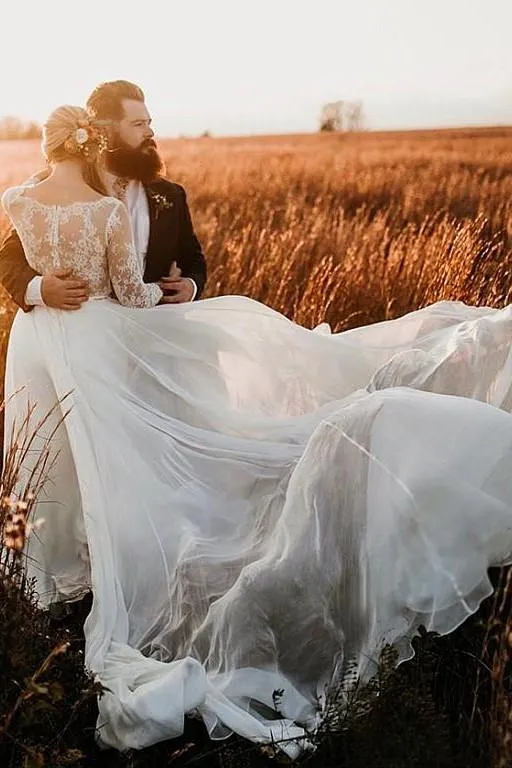 Outdoor Wedding Dress Illusion Lace Chiffon Skirt