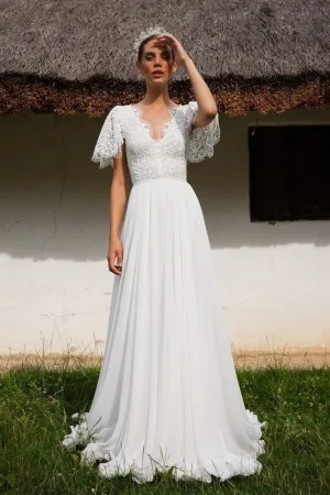 Oversize Sleeves Chiffon Bridal Gown with Lace V-neckline