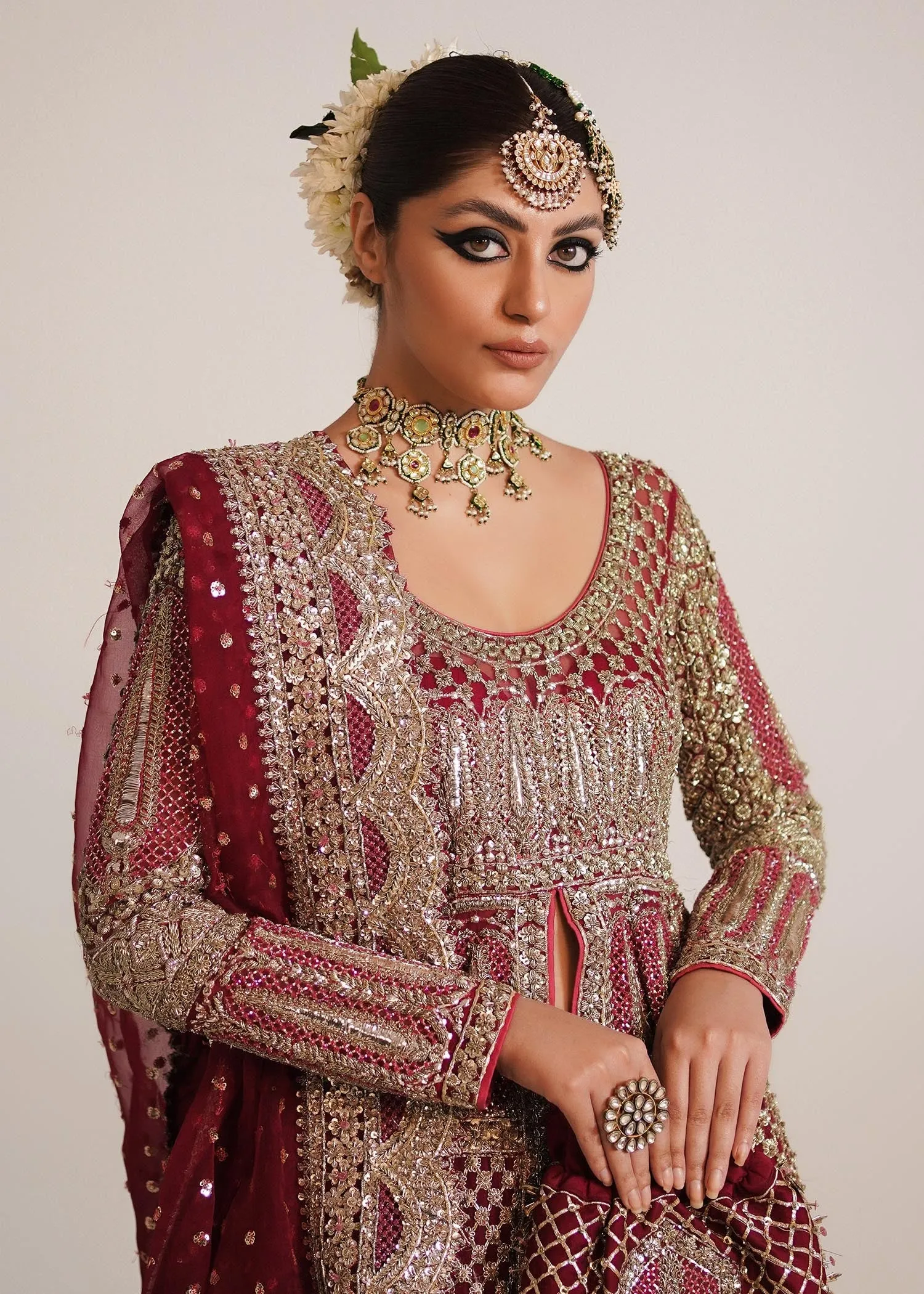 Pakistani Bridal Gown in Open Style with Red Lehenga and Organza Dupatta Dress for Wedding