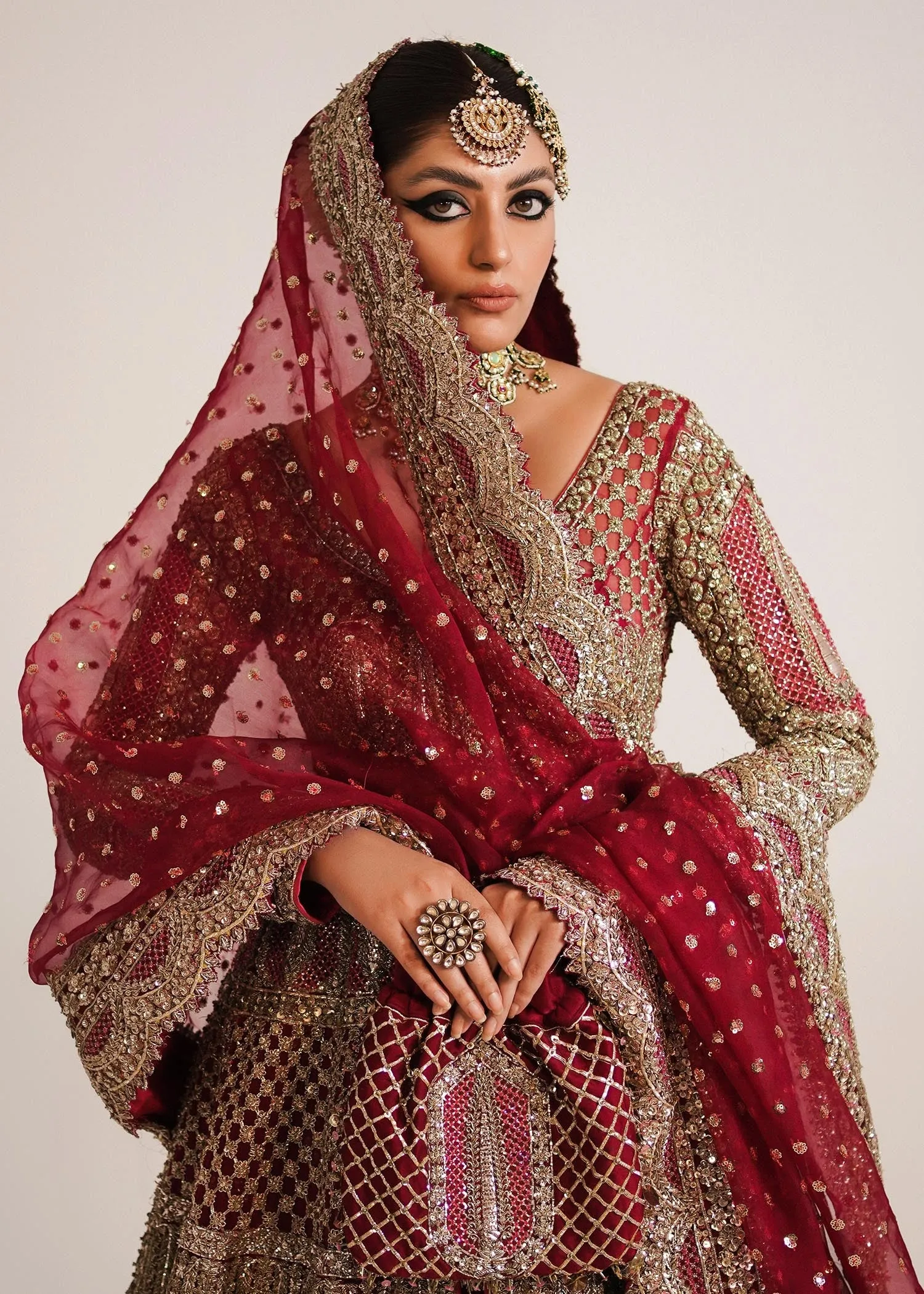 Pakistani Bridal Gown in Open Style with Red Lehenga and Organza Dupatta Dress for Wedding