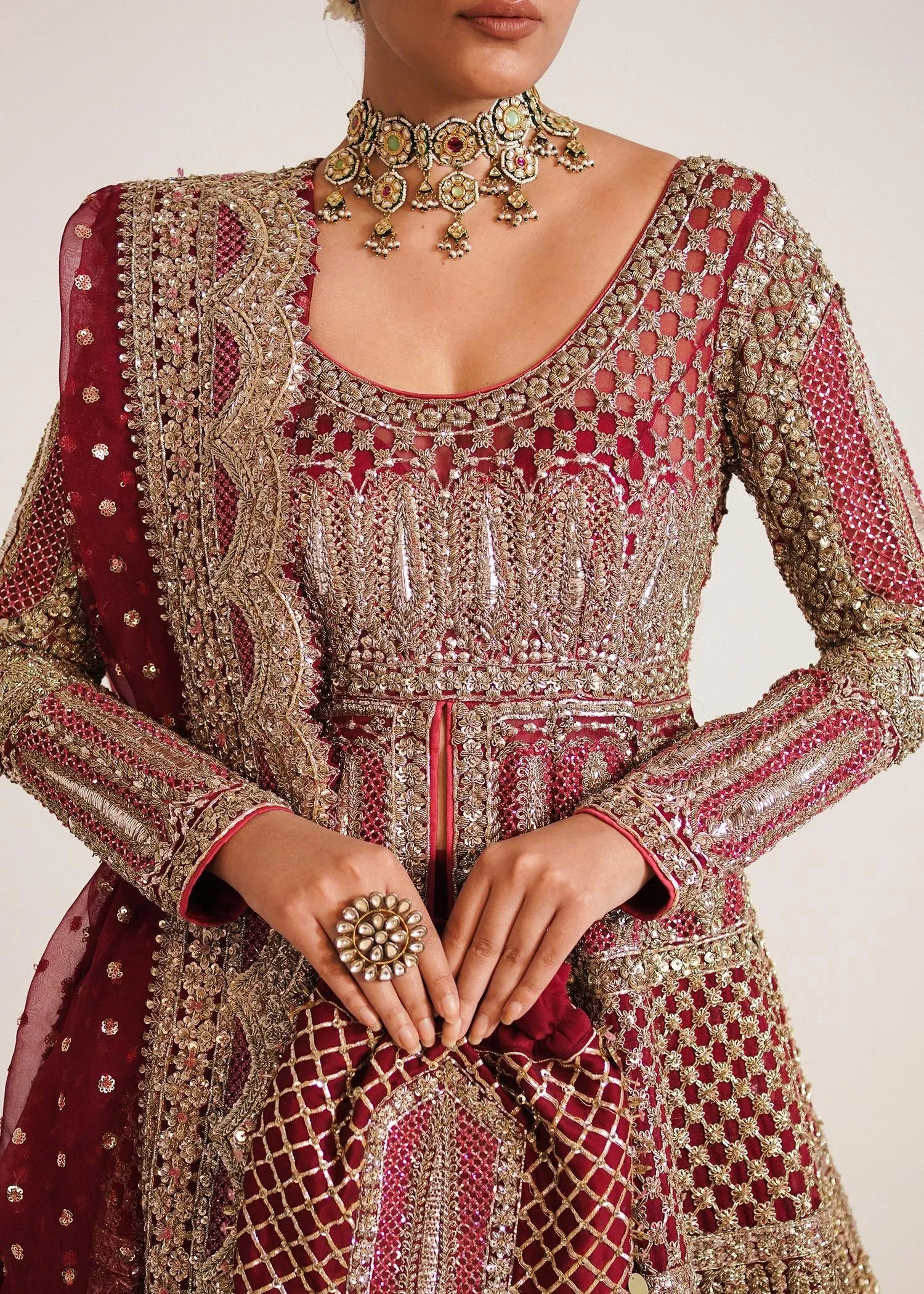 Pakistani Bridal Gown in Open Style with Red Lehenga and Organza Dupatta Dress for Wedding
