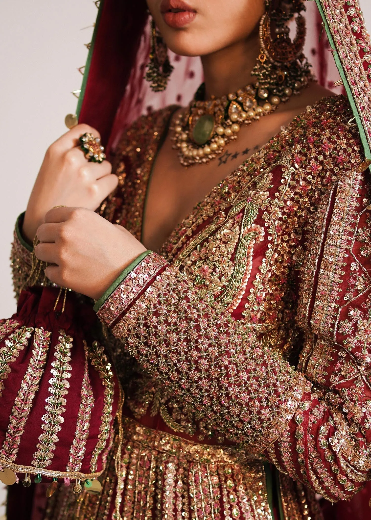 Pakistani Bridal Pishwas Frock in Open Style with Red Lehenga and Organza Dupatta Dress