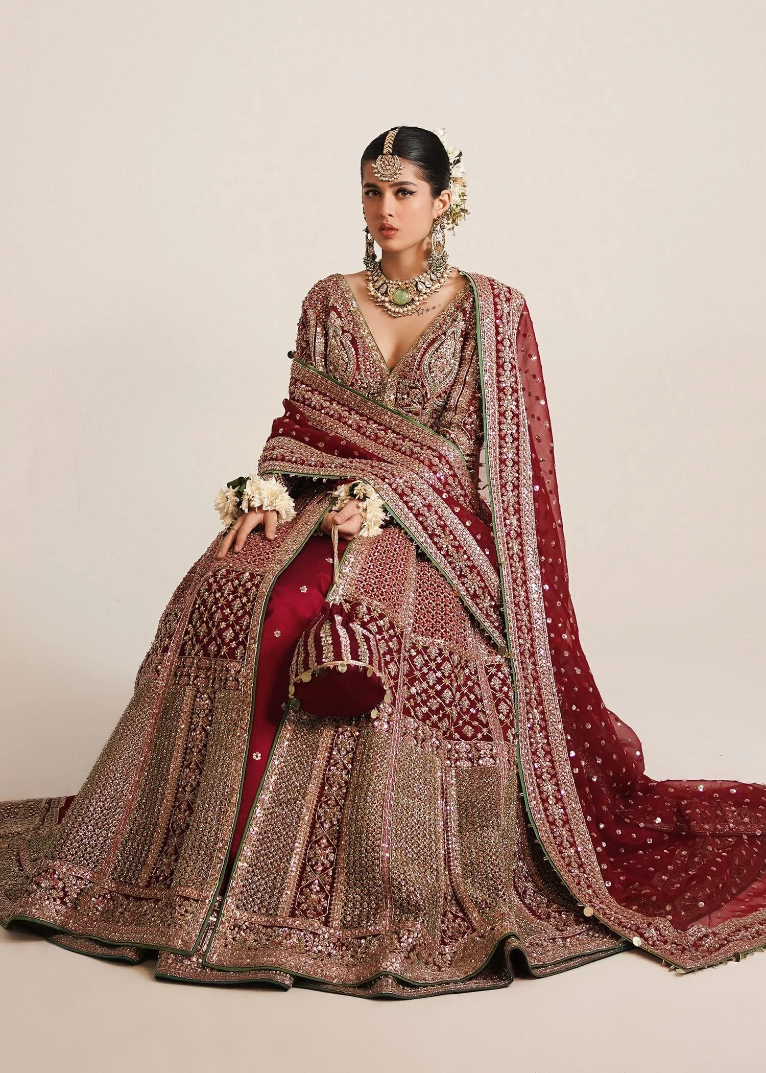 Pakistani Bridal Pishwas Frock in Open Style with Red Lehenga and Organza Dupatta Dress