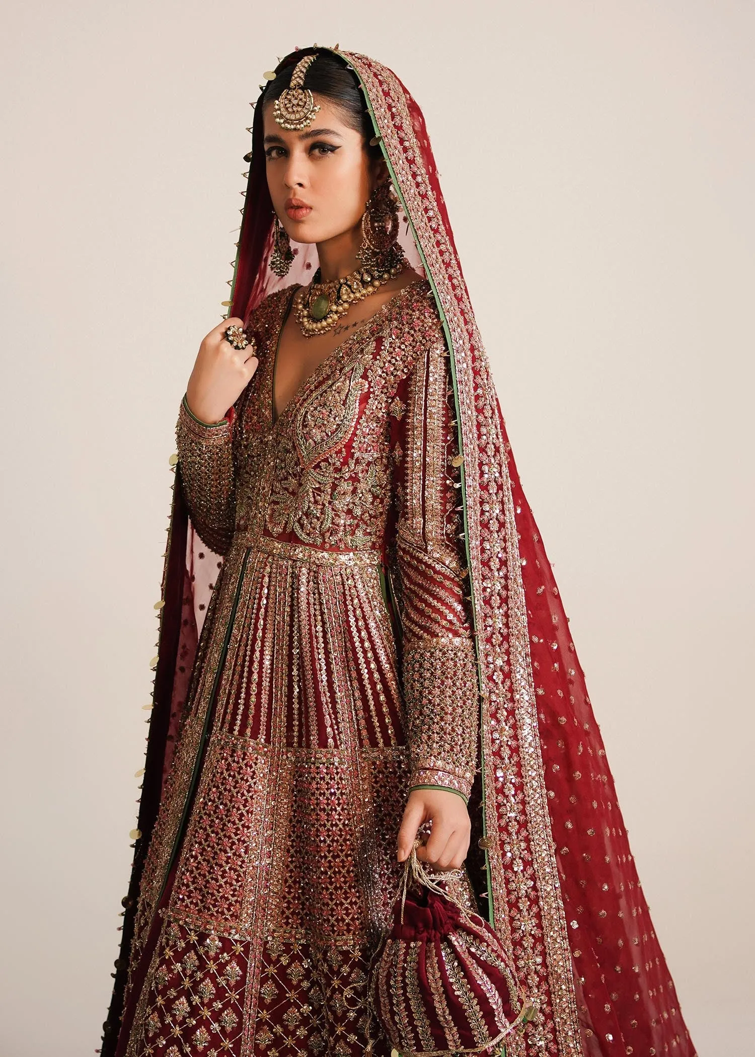 Pakistani Bridal Pishwas Frock in Open Style with Red Lehenga and Organza Dupatta Dress