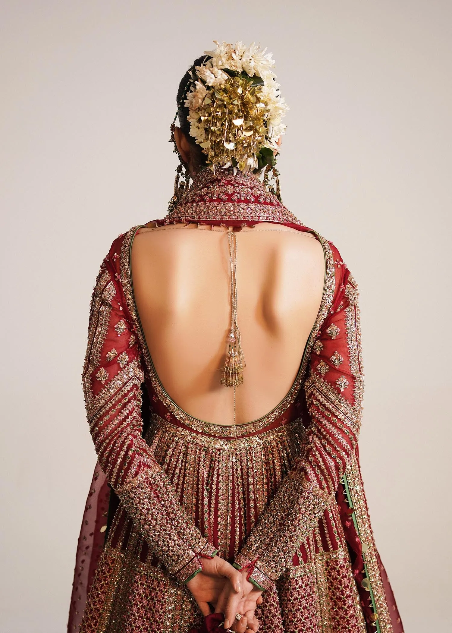 Pakistani Bridal Pishwas Frock in Open Style with Red Lehenga and Organza Dupatta Dress