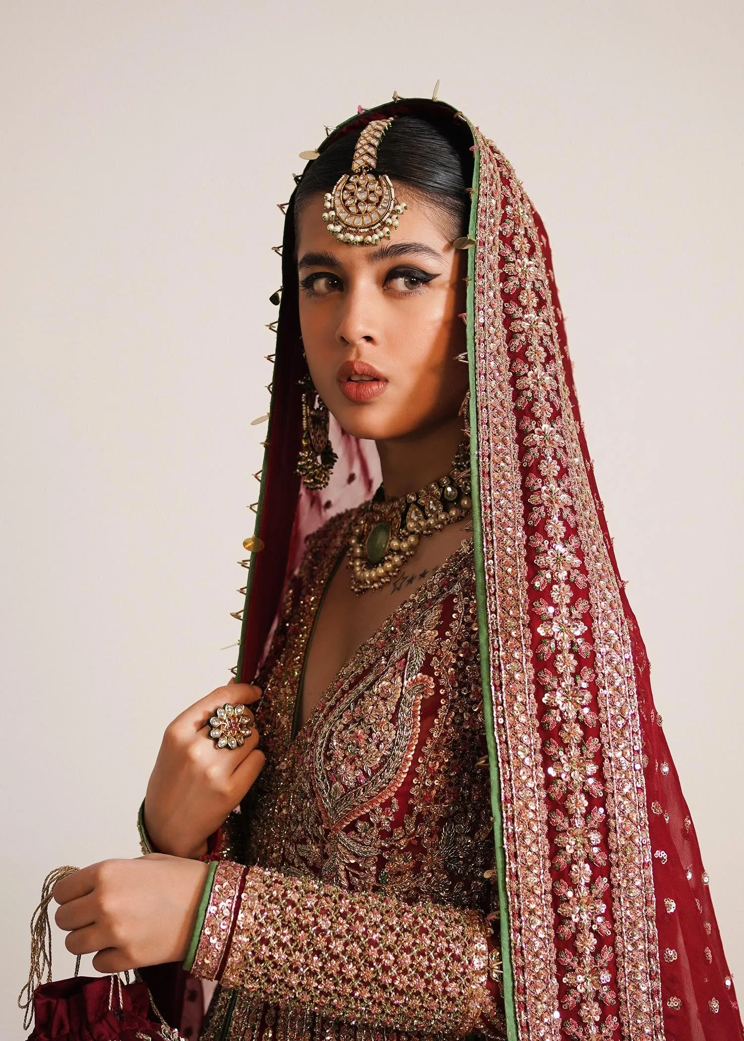 Pakistani Bridal Pishwas Frock in Open Style with Red Lehenga and Organza Dupatta Dress