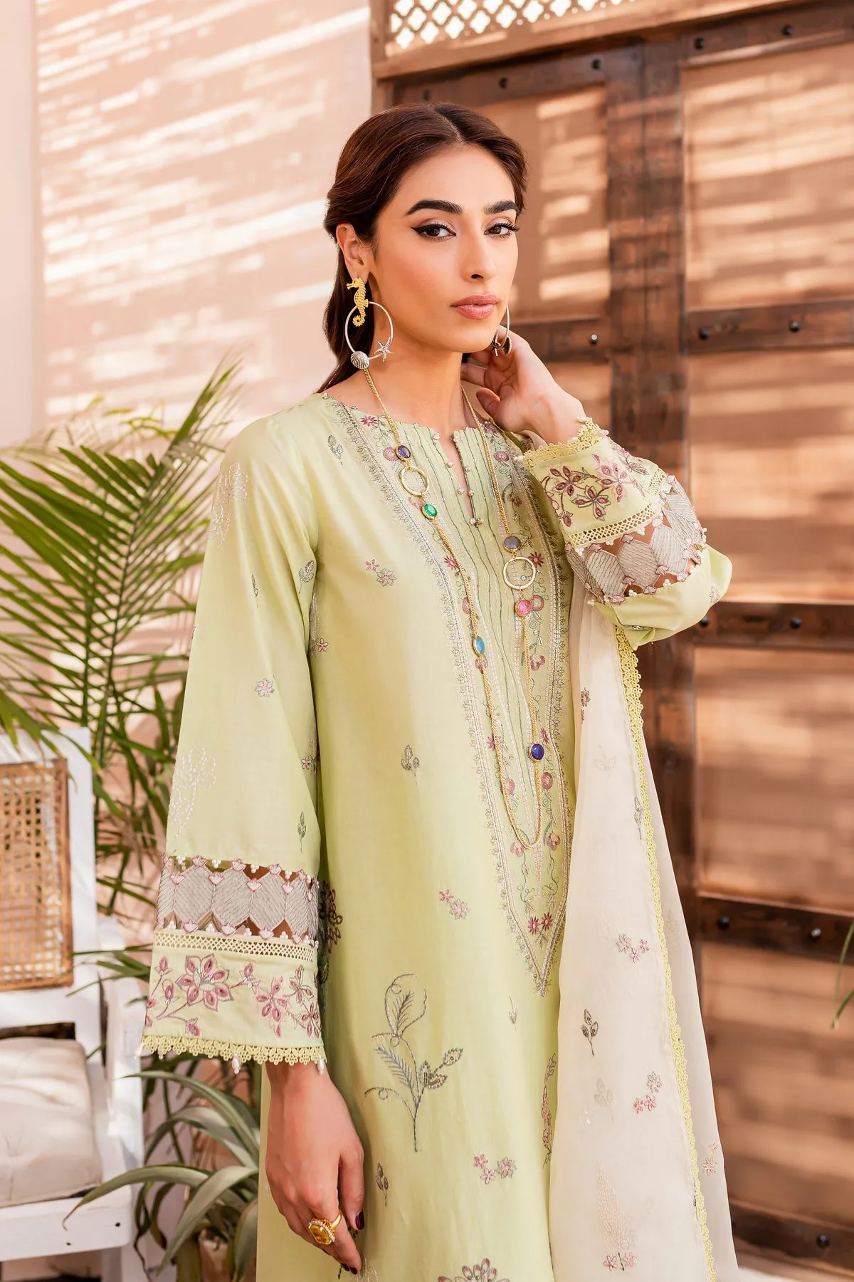 Pakistani Eid Dress in Green Lawn Kameez Trouser Style