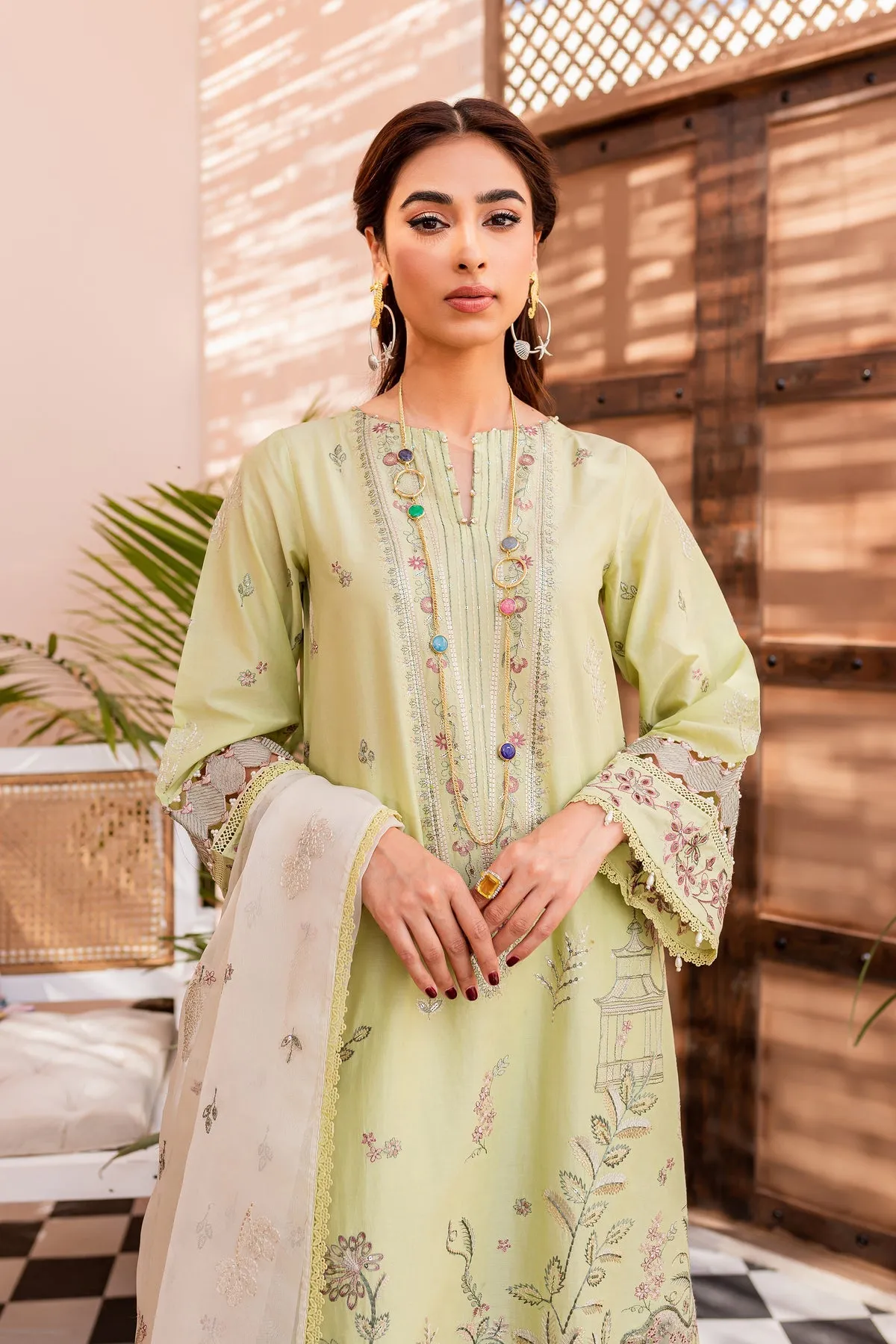 Pakistani Eid Dress in Green Lawn Kameez Trouser Style