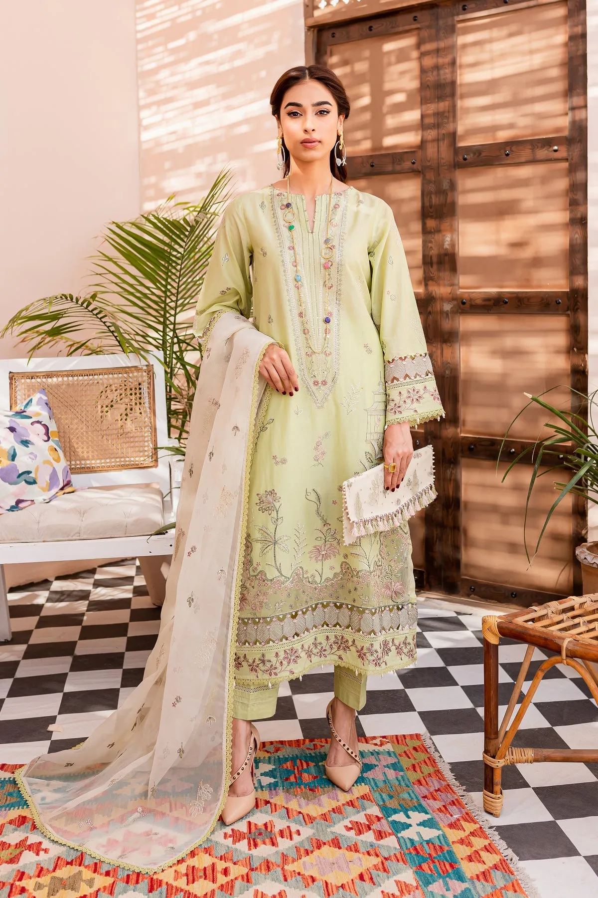 Pakistani Eid Dress in Green Lawn Kameez Trouser Style