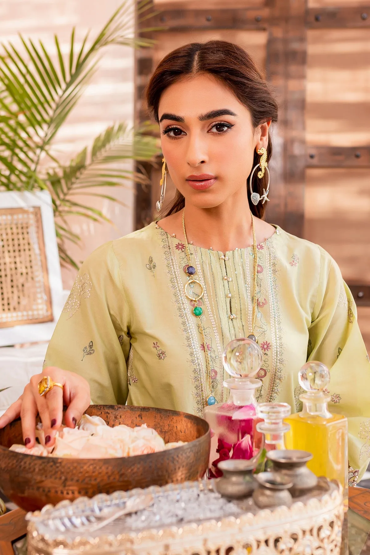 Pakistani Eid Dress in Green Lawn Kameez Trouser Style