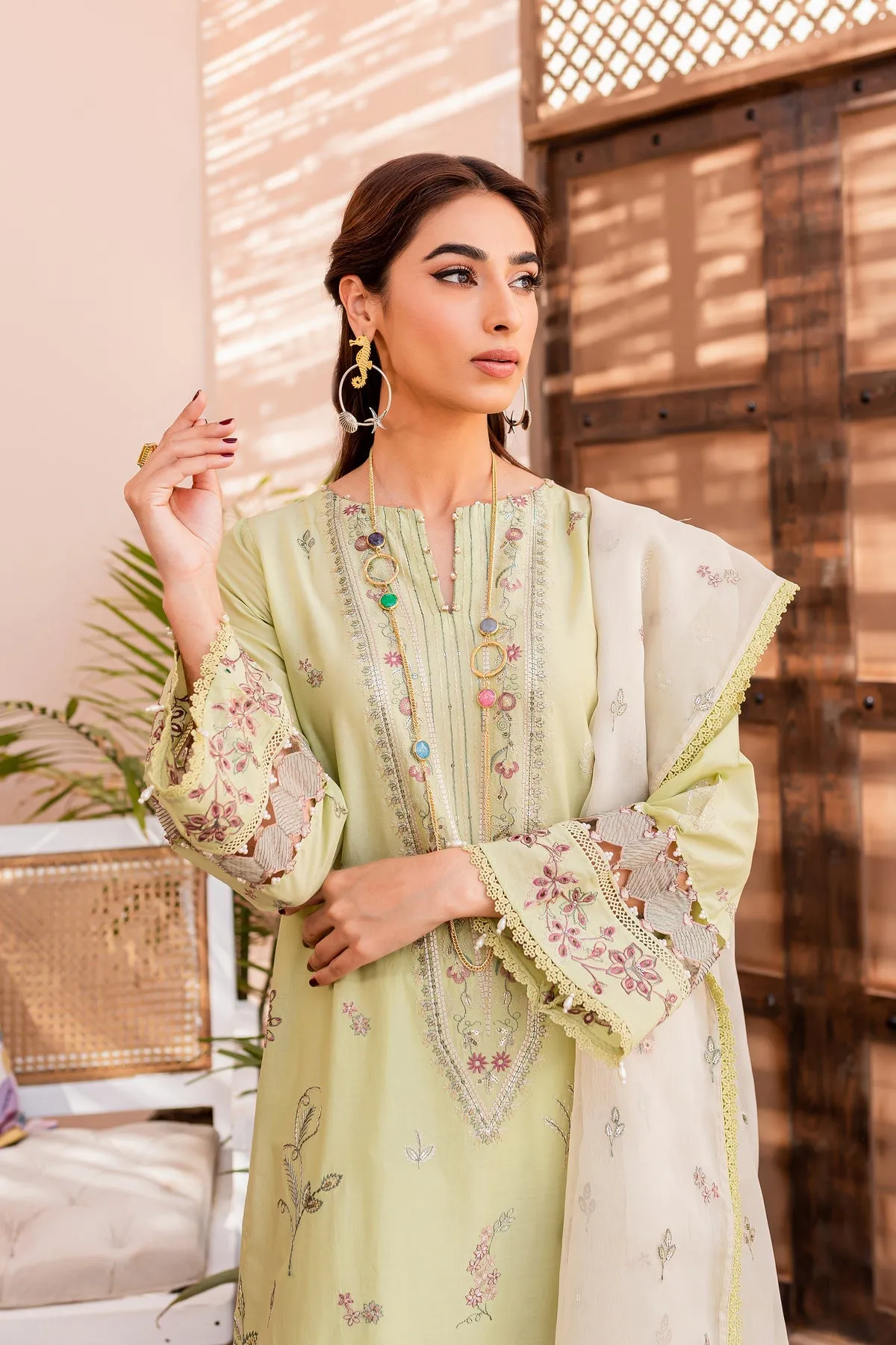 Pakistani Eid Dress in Green Lawn Kameez Trouser Style
