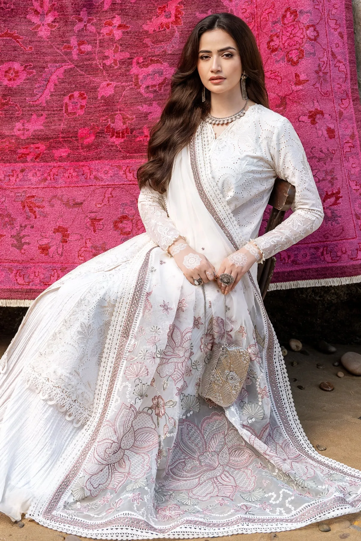 Pakistani Eid Dress in White Lawn Kameez Trouser Style