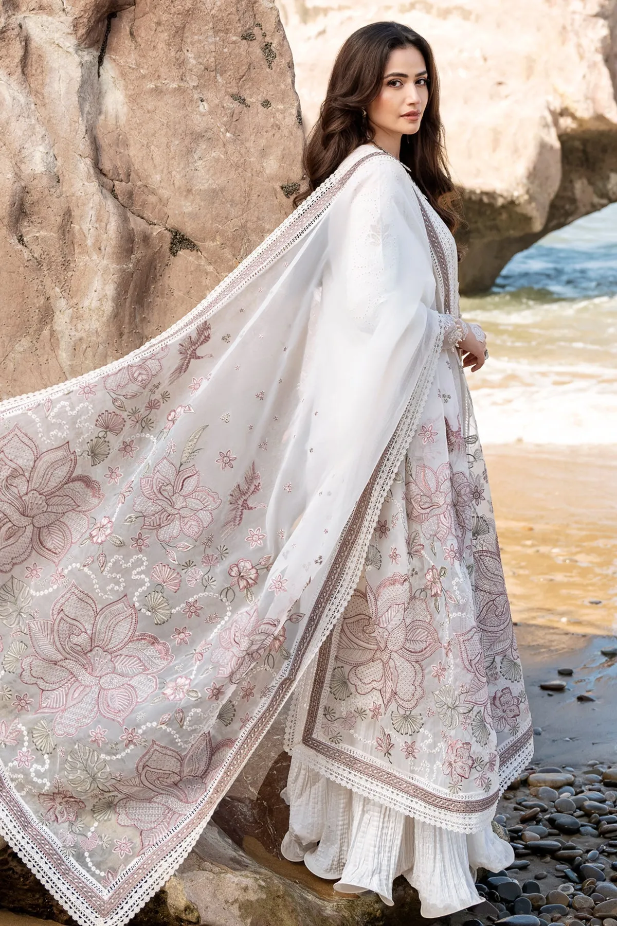 Pakistani Eid Dress in White Lawn Kameez Trouser Style