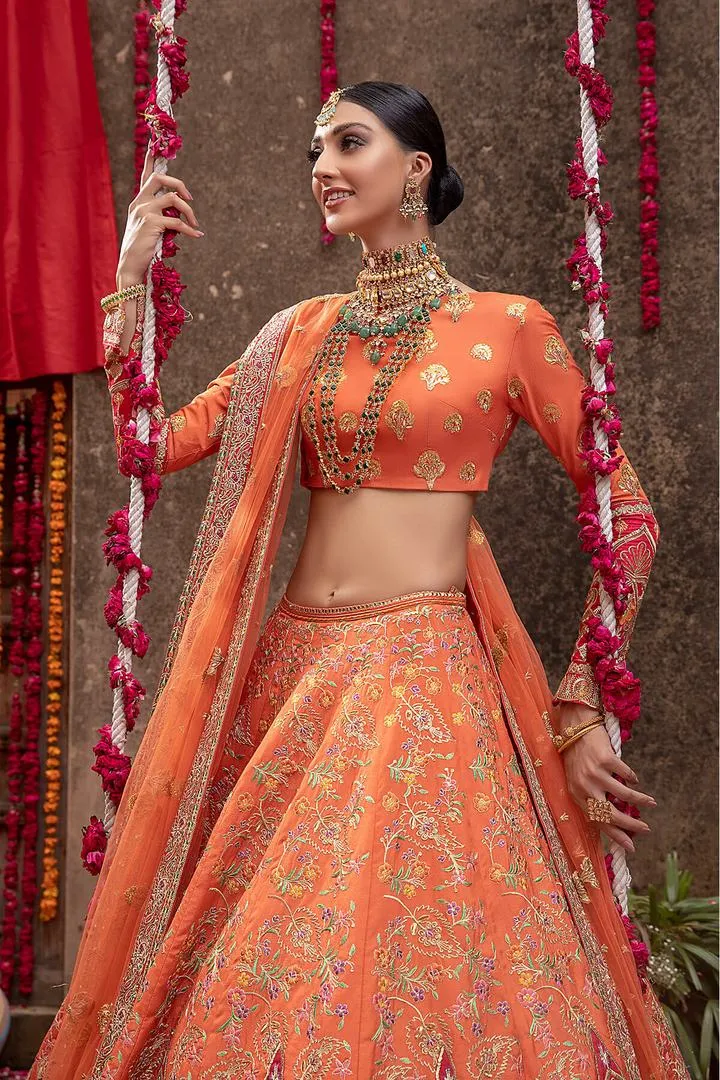 Pakistani Raw Silk Orange Lehenga Choli Dress #BN1048