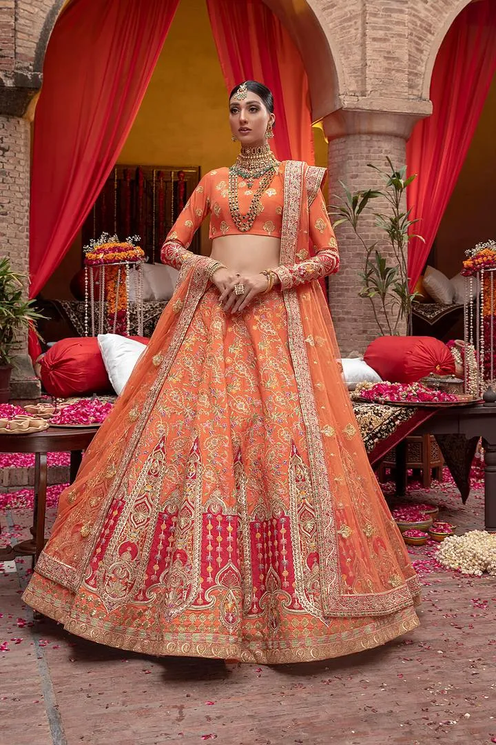 Pakistani Raw Silk Orange Lehenga Choli Dress #BN1048