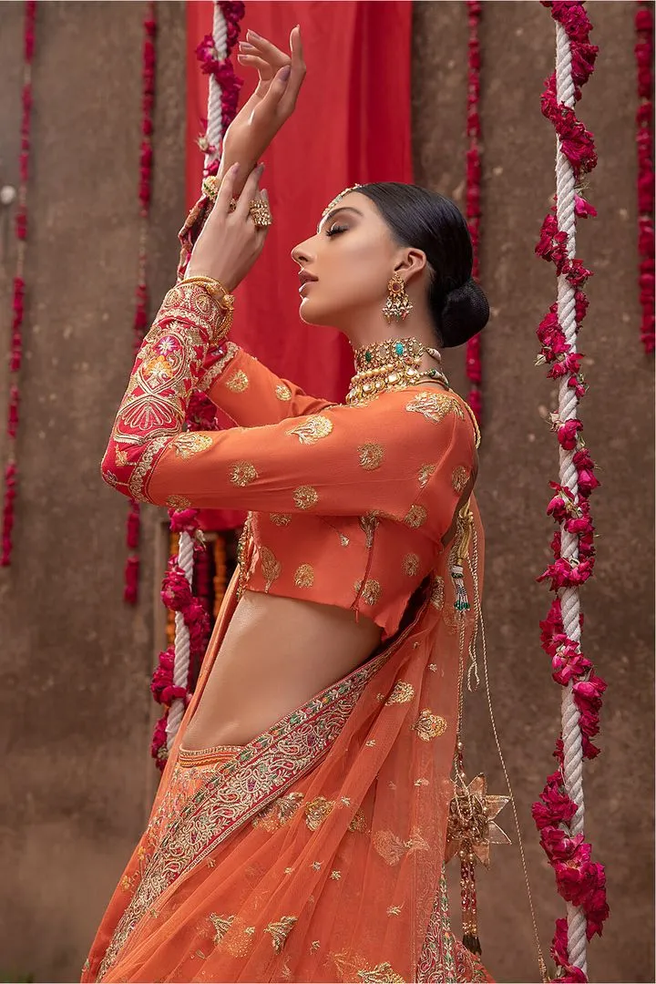 Pakistani Raw Silk Orange Lehenga Choli Dress #BN1048
