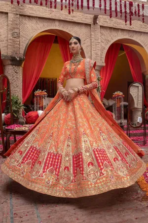 Pakistani Raw Silk Orange Lehenga Choli Dress #BN1048