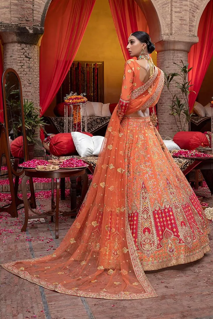 Pakistani Raw Silk Orange Lehenga Choli Dress #BN1048