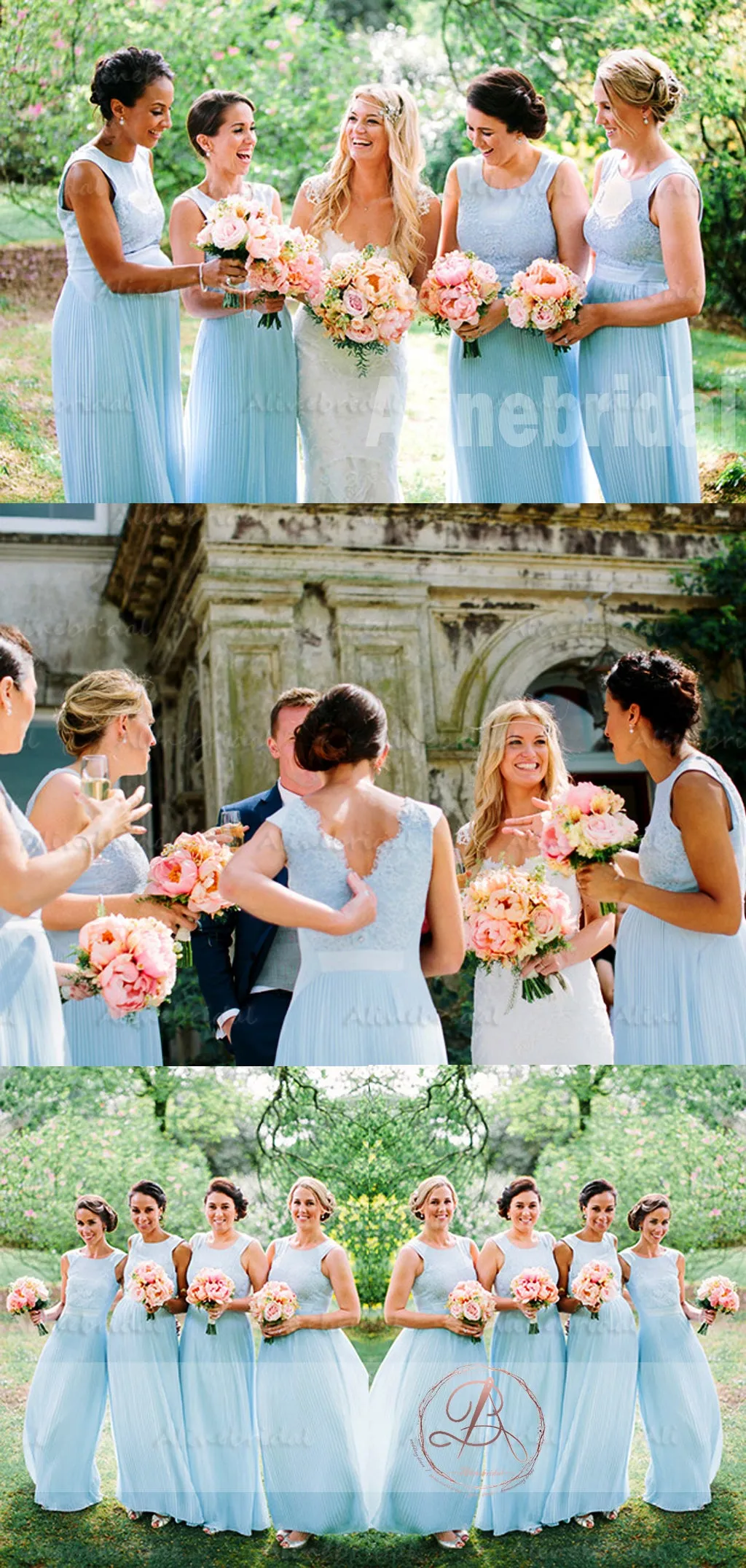 Pale Blue Lace Top Pleating Chiffon Scoop Neck Wedding Party Long A-line Bridesmaid Dresses . AB1189