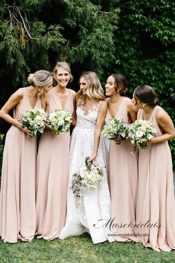 Pink Chiffon A-line V-neck Long Bridesmaid Dresses, Wedding Party Dress, MBD165