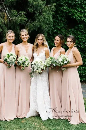 Pink Chiffon A-line V-neck Long Bridesmaid Dresses, Wedding Party Dress, MBD165