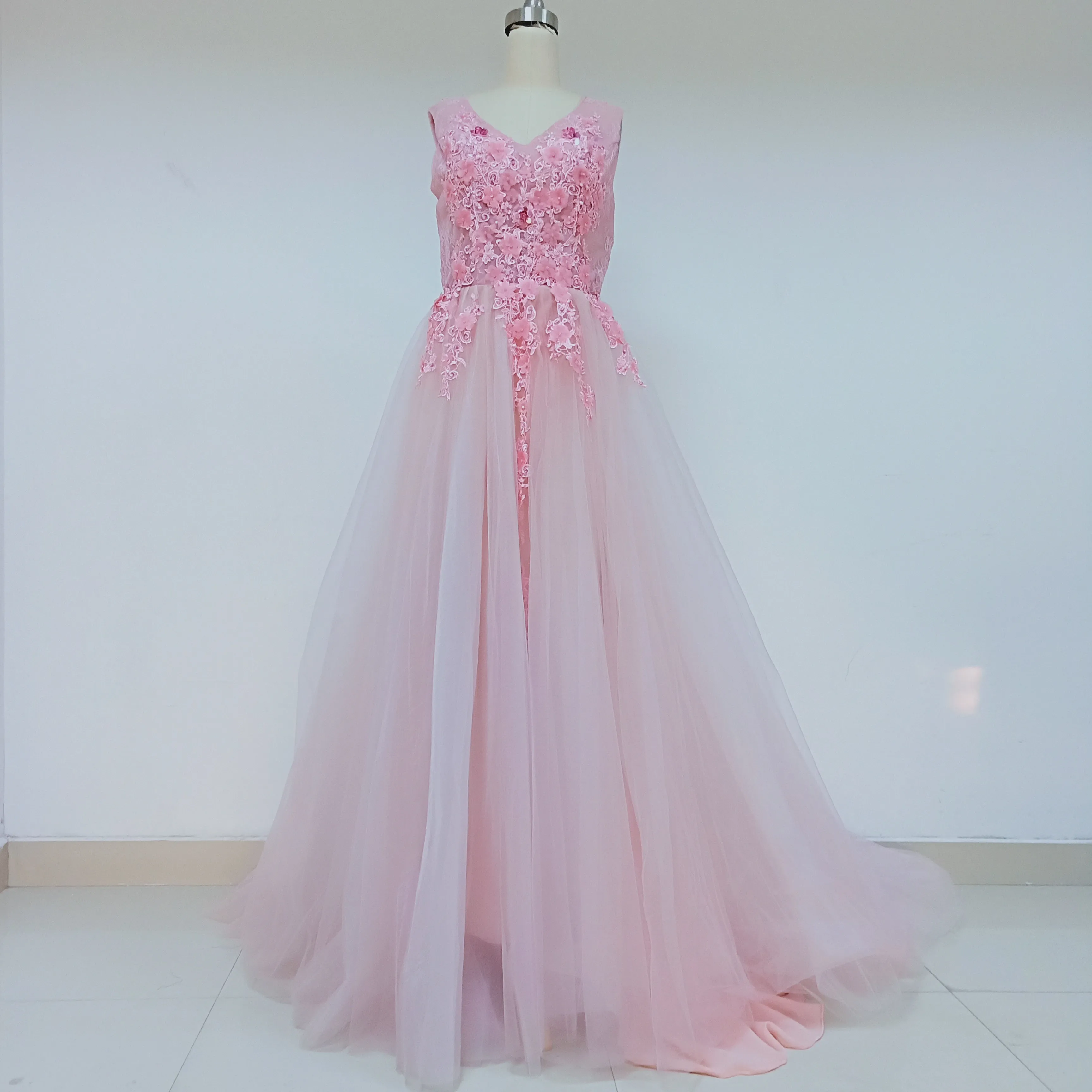Pink Long Cheap Tulle Prom Dresses With Handmade Flower_US8, SO030