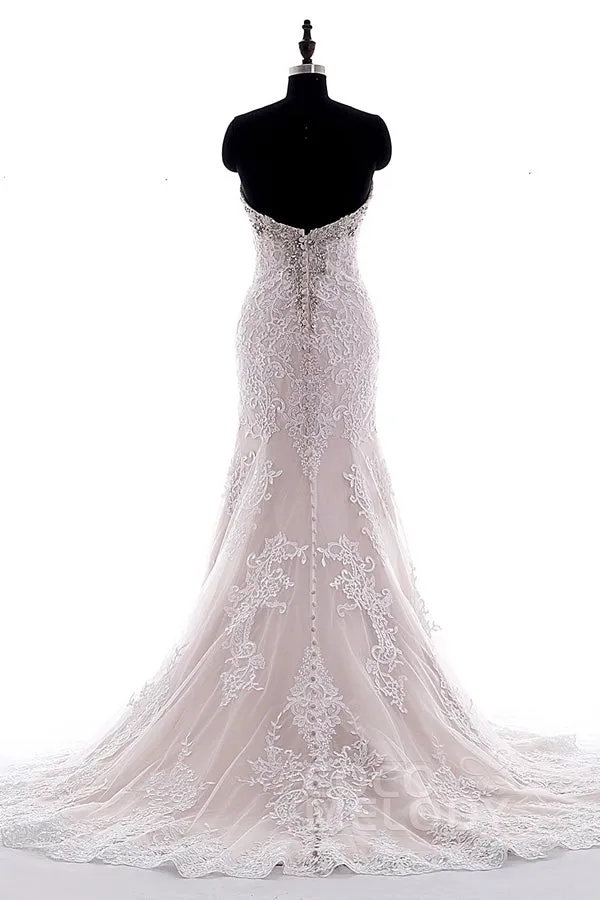Pink Mermaid Court Train Sweetheart Sleeveless Beading Appliques Wedding Dresses
