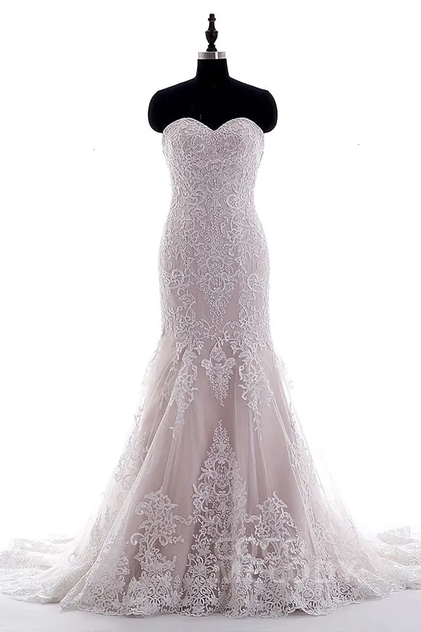 Pink Mermaid Court Train Sweetheart Sleeveless Beading Appliques Wedding Dresses
