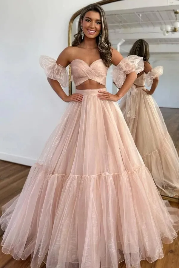 Pink Organza Two Piece Sweetheart Prom Dress With Detachable Sleeves, MP926