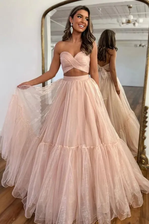 Pink Organza Two Piece Sweetheart Prom Dress With Detachable Sleeves, MP926