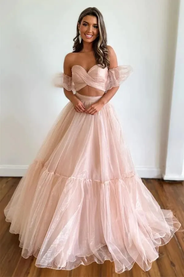 Pink Organza Two Piece Sweetheart Prom Dress With Detachable Sleeves, MP926