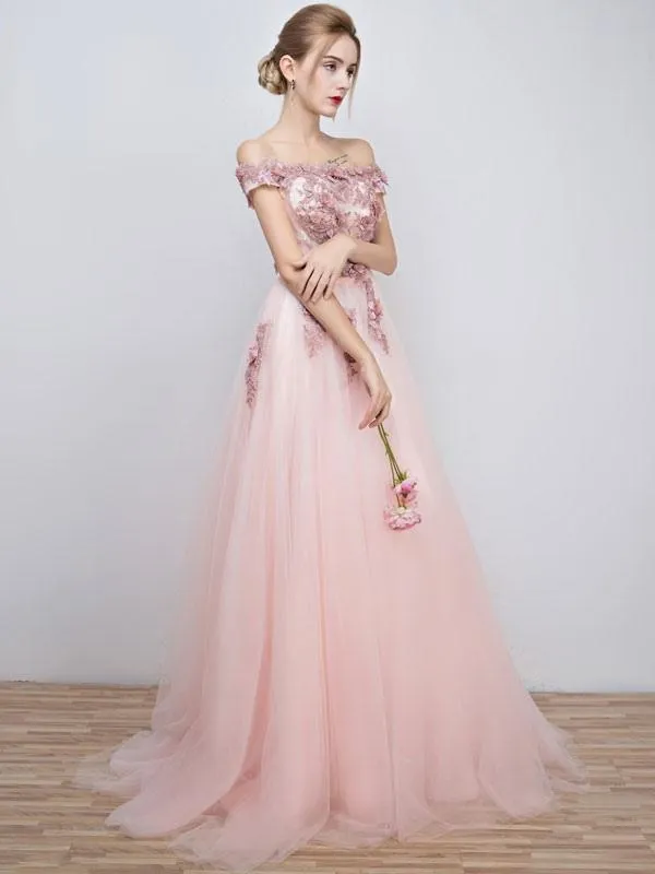 Pink Prom Dresses 2021 Long Tulle Off The Shoulder Prom Dress Lace Applique Beading Flower Occasion Dress With Train