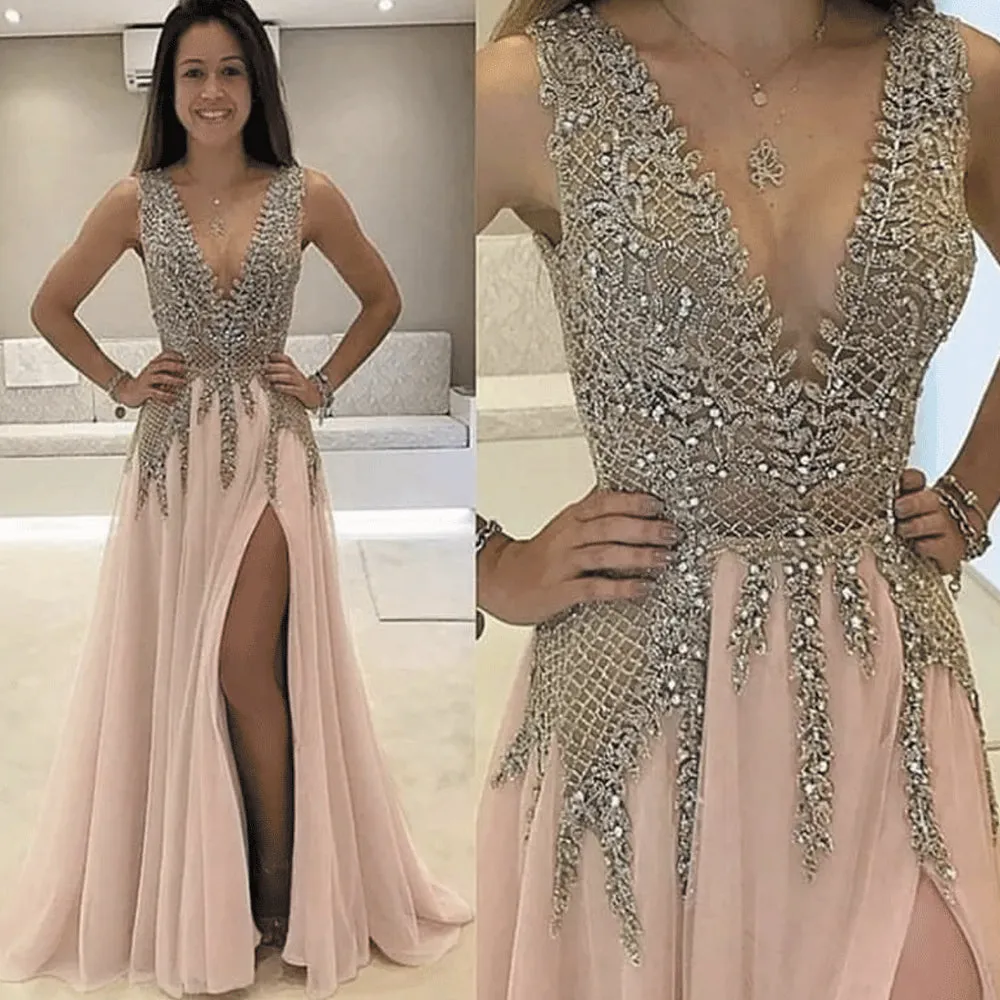 pink prom dresses long v neck beaded crystals elegant prom gown 2020 vestido de festa de Longo