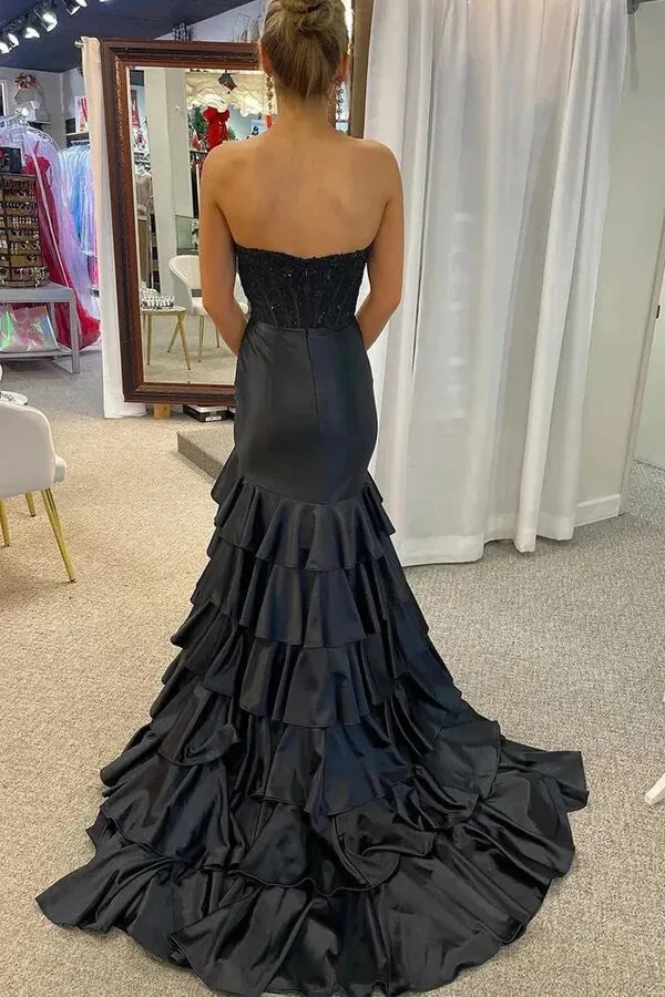 Pink Satin Layered Scoop Pleated Mermaid Long Prom Dresses With Slit, MP1005