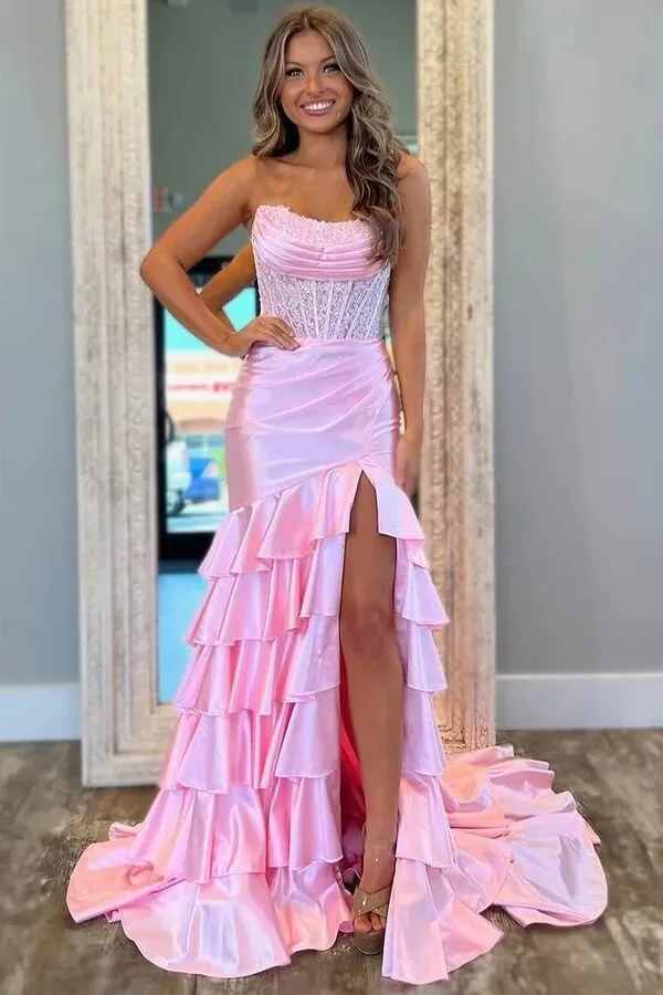 Pink Satin Layered Scoop Pleated Mermaid Long Prom Dresses With Slit, MP1005