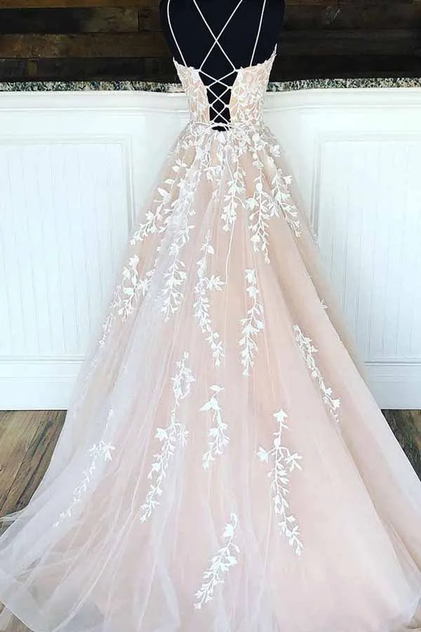 Pink Tulle Princess Spaghetti Straps A-line Lace Appliques Prom Dresses, MP653