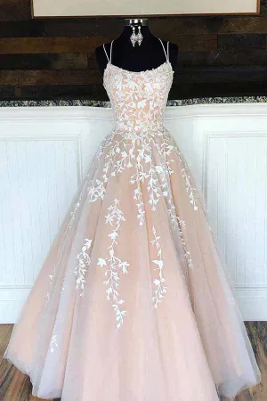 Pink Tulle Princess Spaghetti Straps A-line Lace Appliques Prom Dresses, MP653
